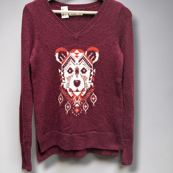 Hollister Sweaters - Hollister Womens Burgundy Bear Graphic V-Neck Knit Sweater Size S Long Sleeve